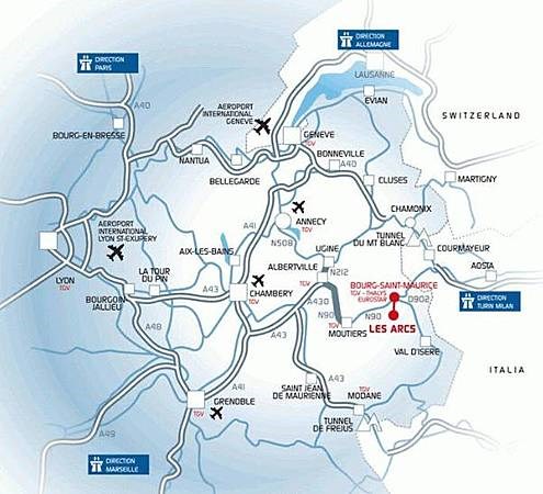 Plan d'accès : suivre Albertville > Moutiers puis Les Arcs